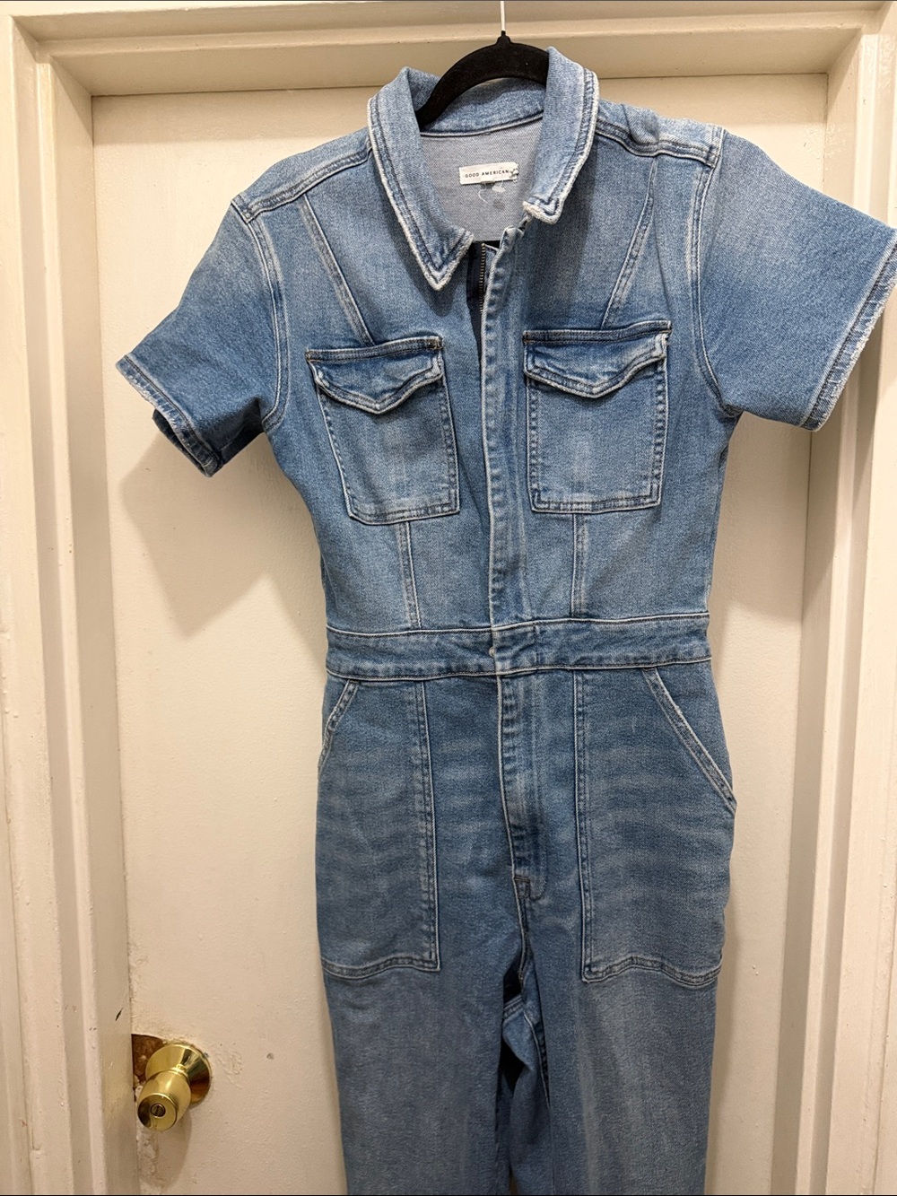 Good American Light Blue Denim Short Sleeve Kids Jumpsuit